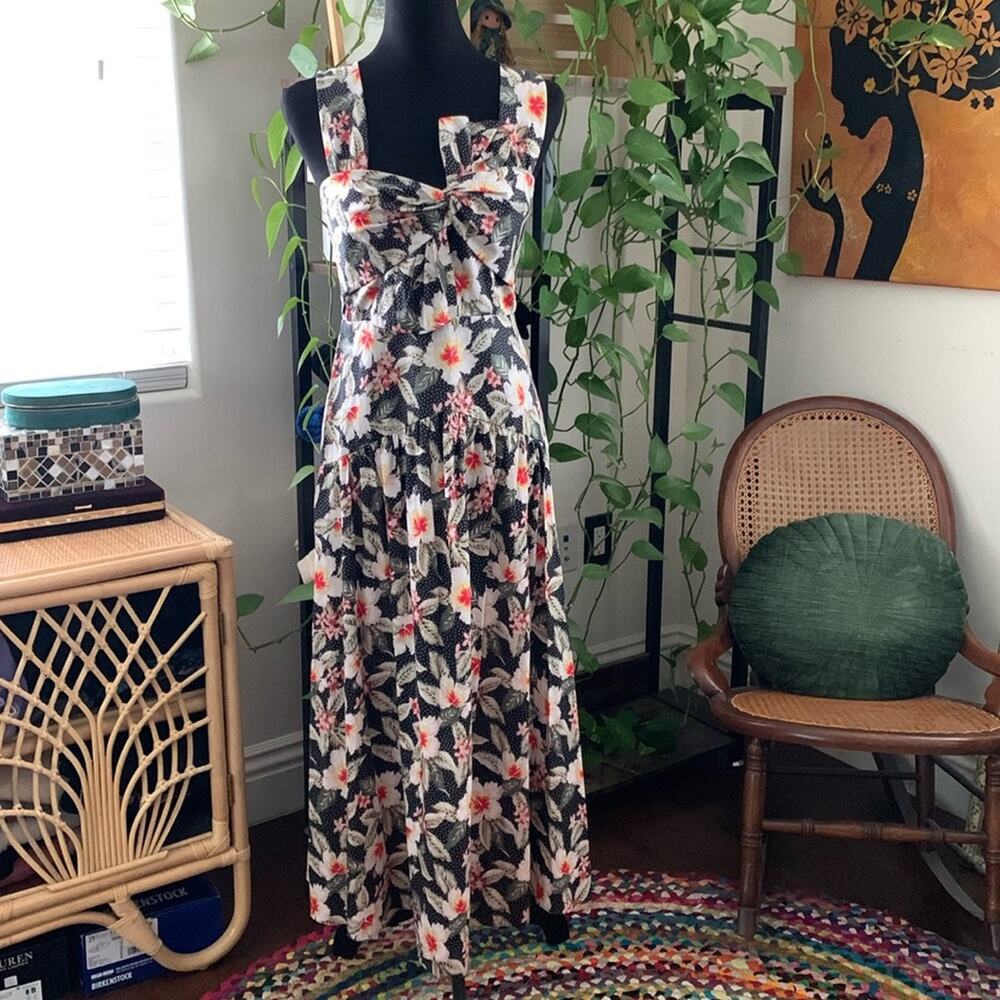 Rebecca Taylor Polka Dot Hawaiian Floral Bow Detail Garden Cottage Midi Dress